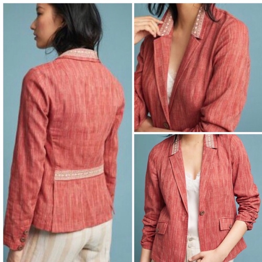 Anthropologie Cartonnier women’s blazer Winona Linen Embroidered button size 10